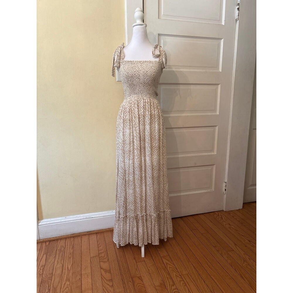 Maxi Dress smocked tie square neck beige ivory animal print lined beach vaca